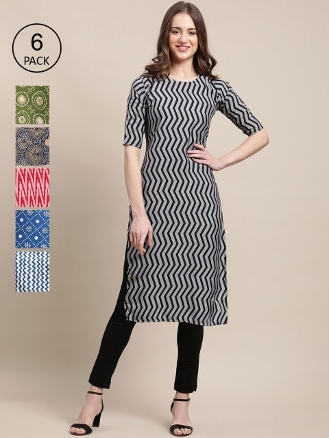 

KALINI Women Pack of 6 Black & Green Geometric Printed Crepe Kurta