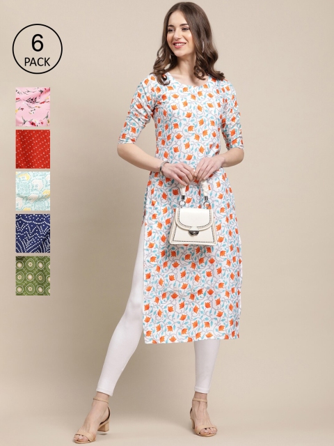 

KALINI Women Orange & Pink Pack of 6 Floral Printed Crepe Kurtas