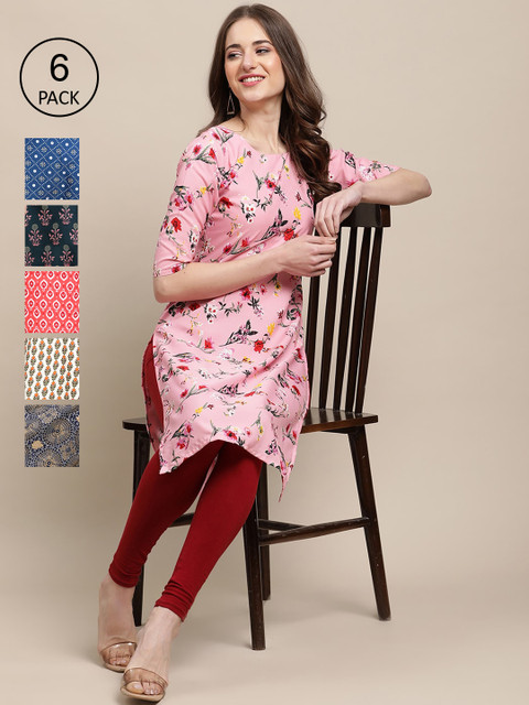 

KALINI Women Pink And Red Thread Work Crepe Kurta [PACK OF 6]
