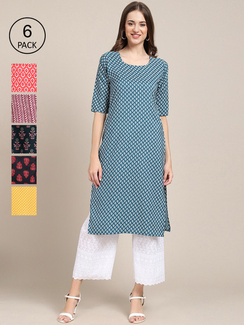 

KALINI Women Pack of 6 Digital Printed Crepe Straight Kurtas, Blue