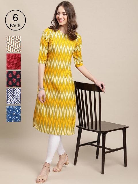

KALINI Women Pack Of 6 Geometric Printed Crepe Kurta, Yellow