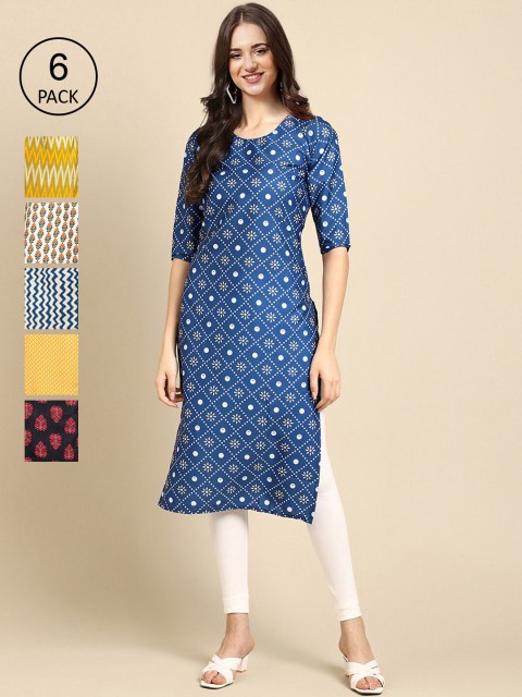 

KALINI Women Pack of 6 Geometric Printed Summer Sheers Crepe Kurta, Blue