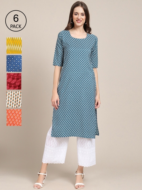 

KALINI Pack Of 6 Women Printed Straight Crepe Kurta, Blue