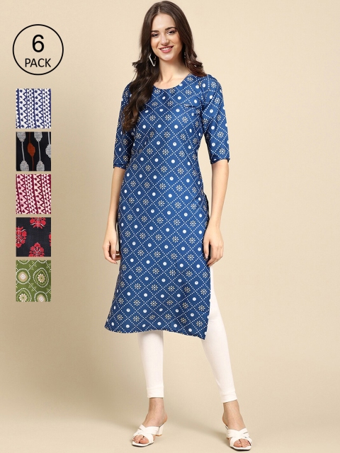 

KALINI Pack of 6 Women Blue & Black Ethnic Motifs Printed Crepe Kurta
