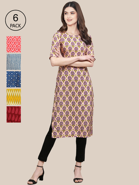 

KALINI Women Pack Of 6 Summer Sheers Crepe Kurta, Maroon