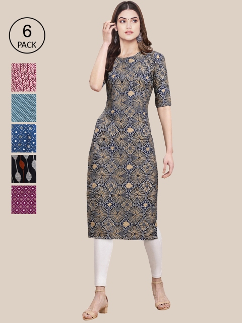 

KALINI Women Pack Of 6 Geometric Striped Thread Work Crepe Kurta, Multi