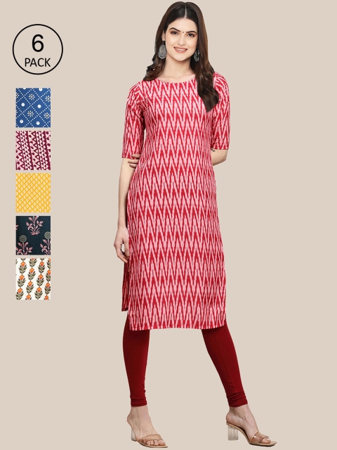 

KALINI Pack Of 6 Women Printed Straight Crepe Kurta, Red