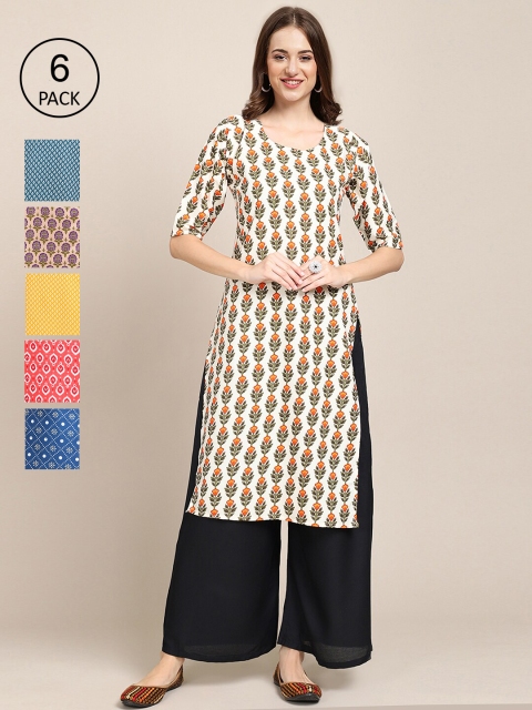 

KALINI Women Pack Of 6 Geometric Printed Crepe Kurta, White