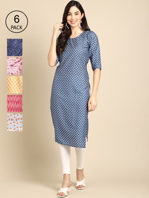 

KALINI Women Pack of 6 Digital Printed Crepe Straight Kurtas, Blue