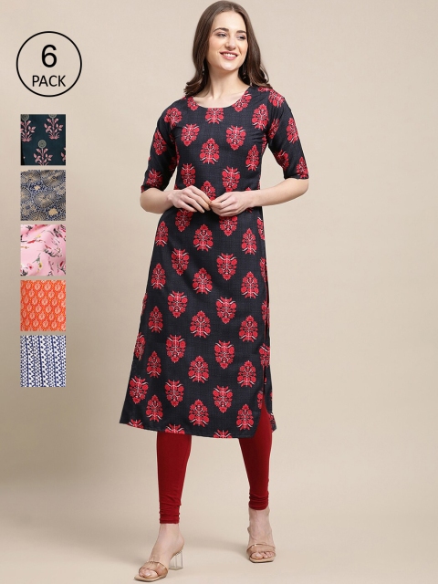 

KALINI Women Multicoloured Pack of 6 Ethnic Motifs Printed Crepe Kurta, Multi