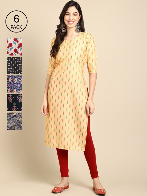 

KALINI Women Pack of 6 Women Printed Straight Crepe Kurta, Multi