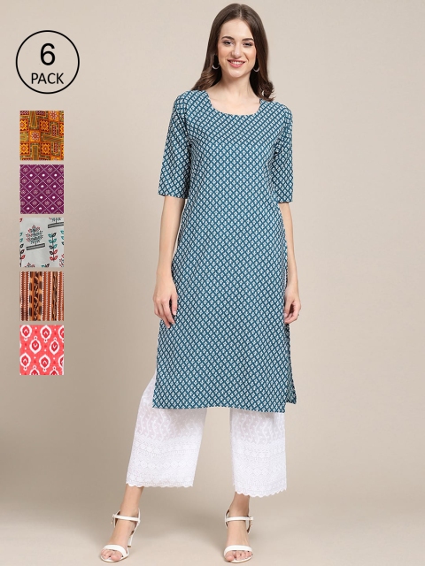 

KALINI Women Pack Of 6 Geometric Printed Crepe Kurta, Blue