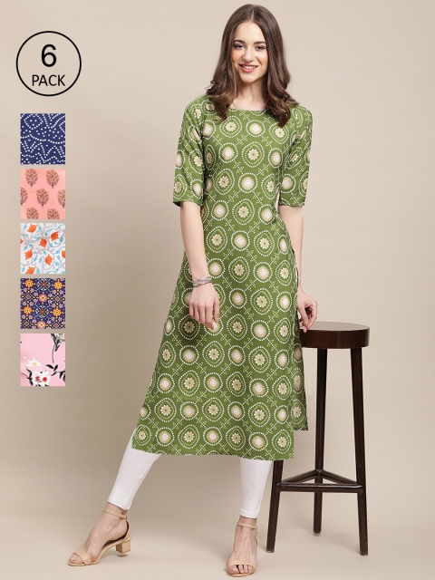 

KALINI Women Green And Blue Thread Work Crepe Kurta [PACK OF 6], White