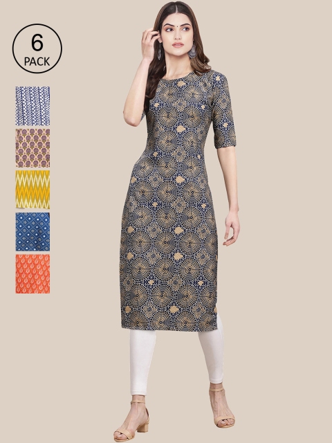 

KALINI Women Pack of 6 Ethnic Motifs Printed Crepe Kurta, Multi