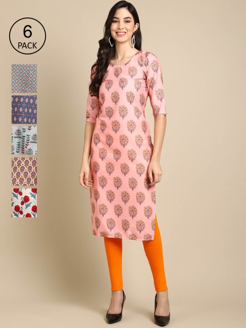 

KALINI Women Pack Of 6 Geometric Striped Thread Work Crepe Kurta, Multi