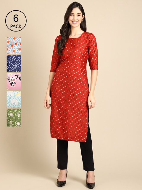 

KALINI Women Pack Of 6 Floral Printed Crepe Kurtas, Red