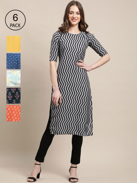 

KALINI Women Pack Of 6 Printed Crepe Kurta, Mustard