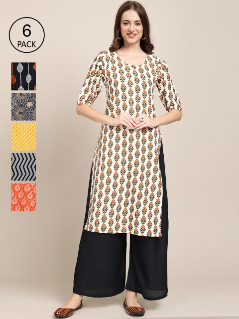 

KALINI Women Pack of 6 Cream-Coloured & Navy Blue Printed Crepe Kurta