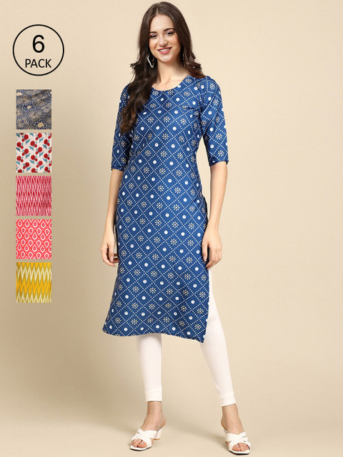 

KALINI Women Pack of 6 Digital Printed Crepe Straight Kurtas, Blue
