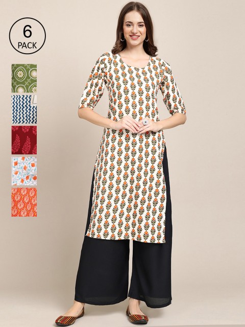 

KALINI 6 Women Multicoloured Ethnic Motifs Printed Crepe Kurta, Multi