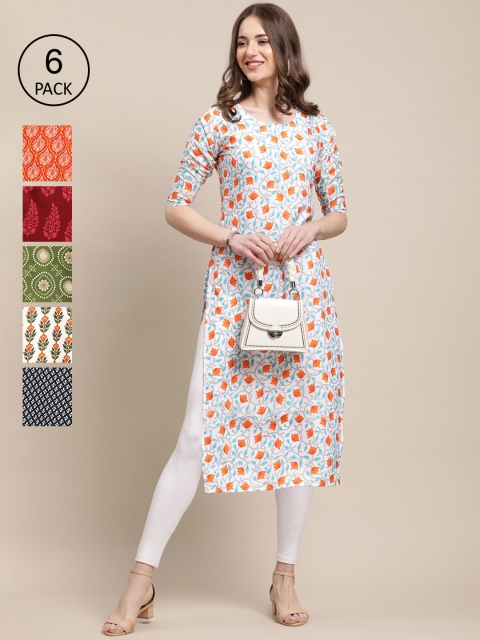 

KALINI Women Red & Green Pack Of 6 Geometric Printed Crepe Kurta