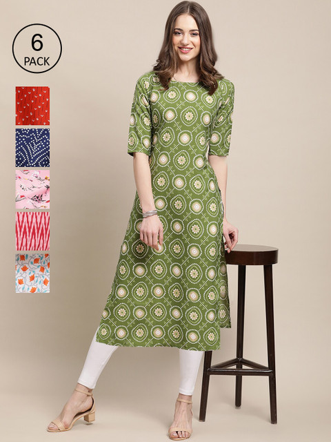 

KALINI Women Pack Of 6 Printed Crepe Kurta, Green