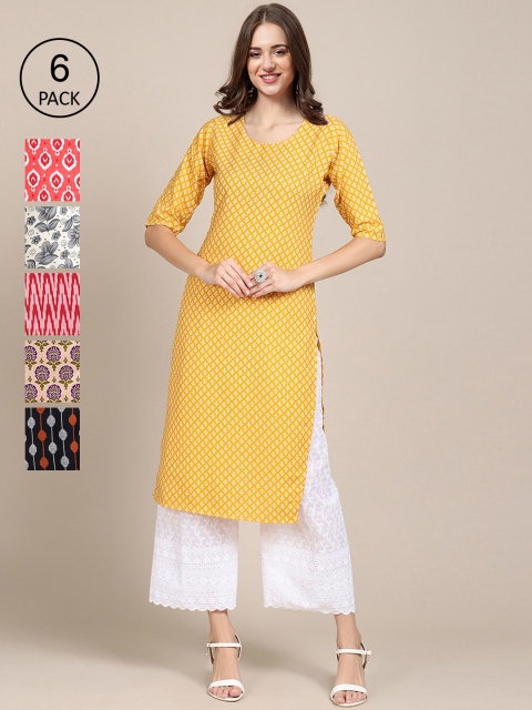 

KALINI Women Pack Of 6 Geometric Striped Thread Work Crepe Kurta, Multi