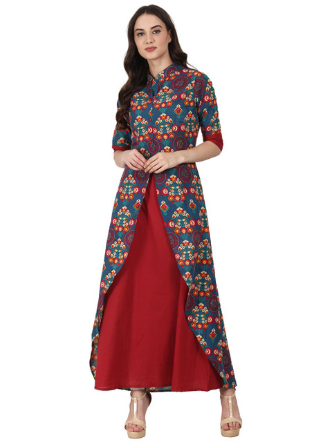 

Nayo Women Teal Blue & Red Printed Layered A-Line Kurta