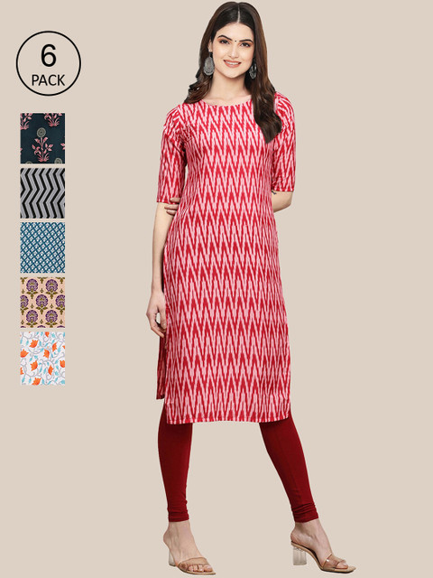 

KALINI Women Pack of 6 Digital Printed Crepe Straight Kurtas, Red