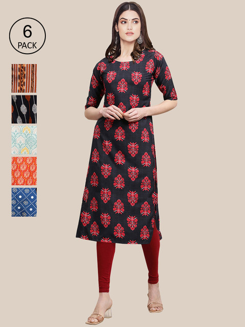 

KALINI Women Multicoloured Pack of 6 Ethnic Motifs Printed Crepe Kurta, Multi