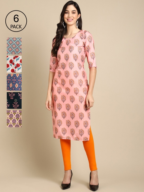 

KALINI Women Pack Of 6 Multicoloured Geometric Printed Crepe Kurta, Multi
