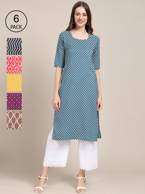 

KALINI Women Pack of 6 Women Printed Straight Crepe Kurta, Multi