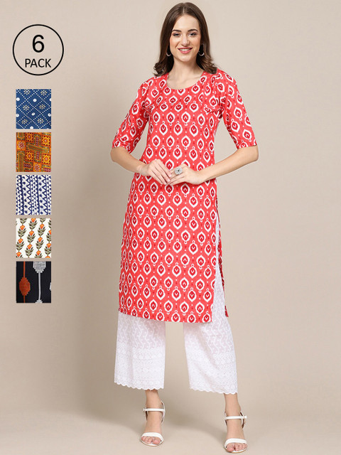 

KALINI Women Pack Of 6 Geometric Printed Crepe Kurta, Pink