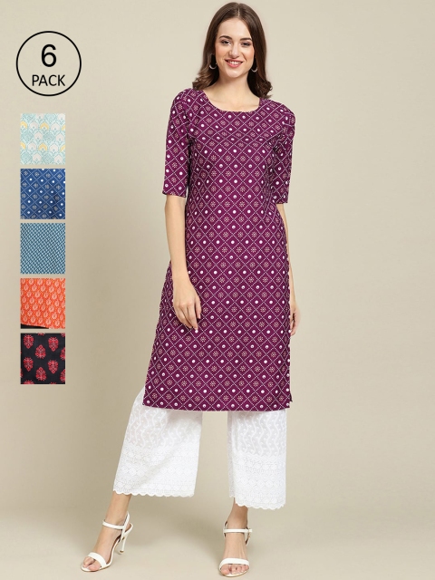

KALINI Women Pack Of 6 Ethnic Motifs Printed Crepe Kurta, Maroon