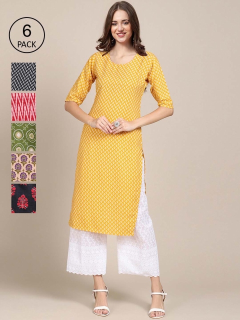 

KALINI Women Pack Of 6 Ethnic Motifs Printed Crepe Kurtas, Yellow
