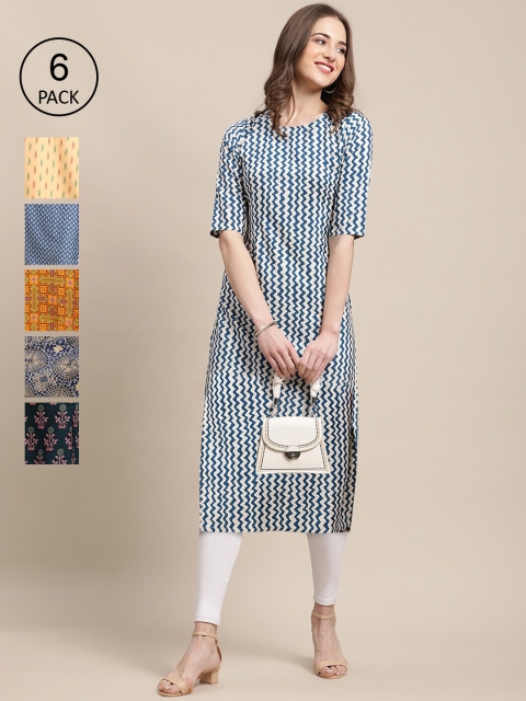 

KALINI Women Pack Of 6 Printed Crepe Kurta, Blue