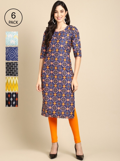 

KALINI Women Pack of 6 Digital Printed Crepe Straight Kurtas, Yellow