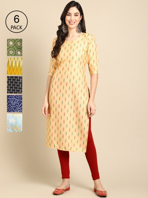 

KALINI Pack of 6 Women Yellow & Black Printed Crepe Kurta