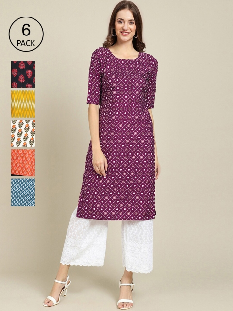 

KALINI Women Pack Of 6 Geometric Printed Crepe Kurta, Yellow