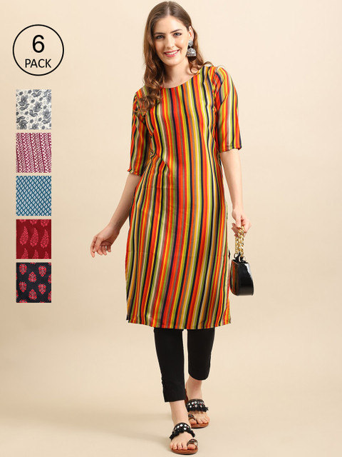

KALINI Women Pack of 6 Mustard Yellow & White Geometric Printed Crepe Kurta