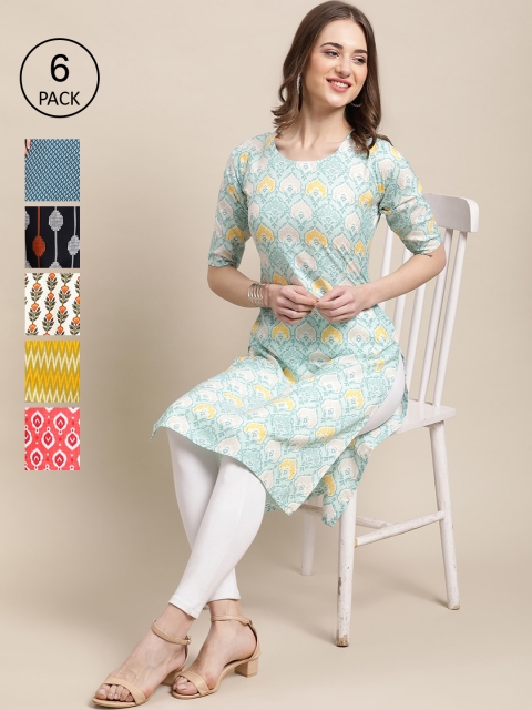 

KALINI Women Pack of 6 White & Blue Ethnic Motifs Printed Crepe Kurta