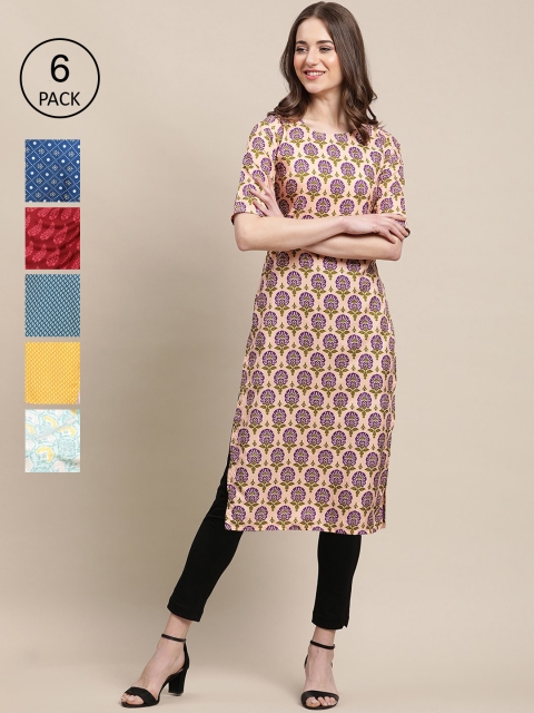 

KALINI Women Blue & Red Pack Of 6 Geometric Printed Crepe Kurta