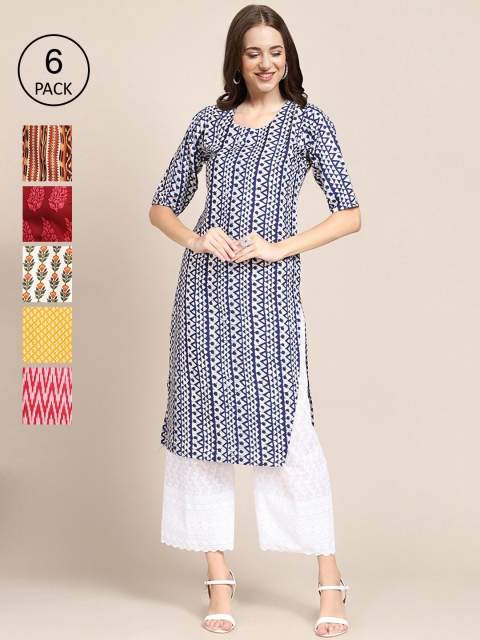 

KALINI Women Multicoloured Pack of 6 Geometric Printed Crepe Kurta, Multi