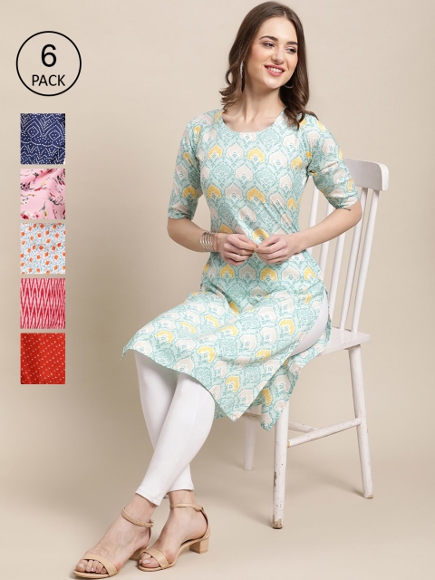 

KALINI Women Turquoise Blue & Pink Pack of 6 Floral Printed Crepe Kurtas