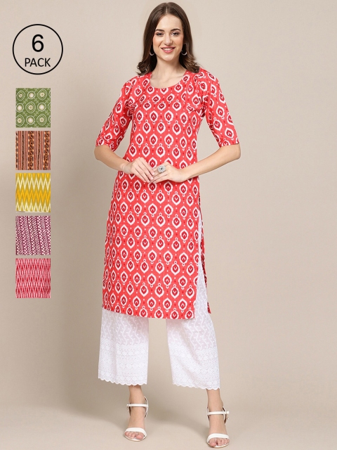 

KALINI Women Set Of 6 Pink & Green Ethnic Motifs Printed Crepe Kurta