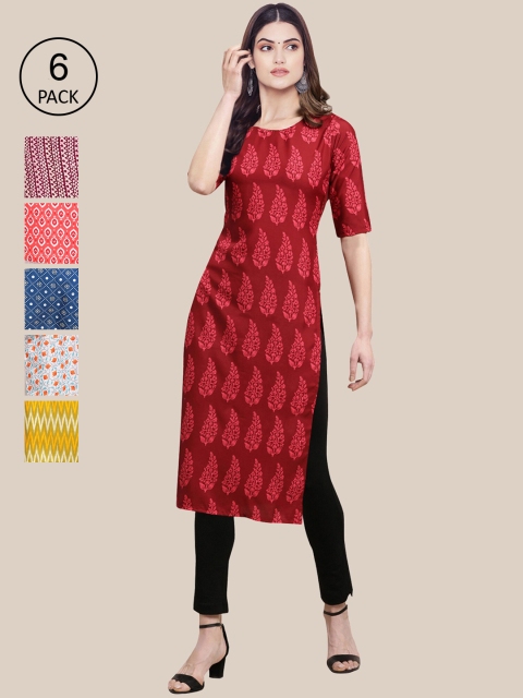 

KALINI Women Pack Of 6 Multicoloured Geometric Printed Crepe Kurta, Multi