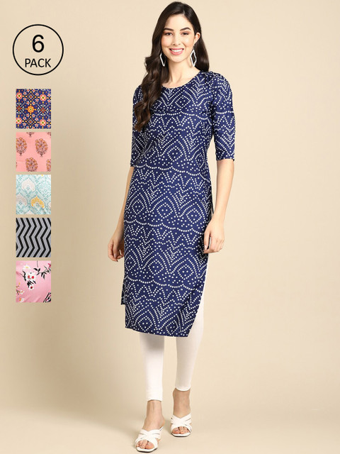 

KALINI Women Pack Of 6 Printed Crepe Kurta, Blue