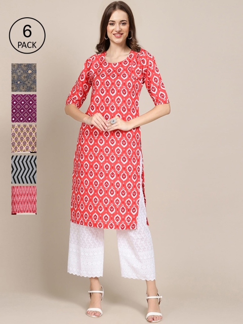 

KALINI Women Pack of 6 Women Printed Straight Crepe Kurta, Multi
