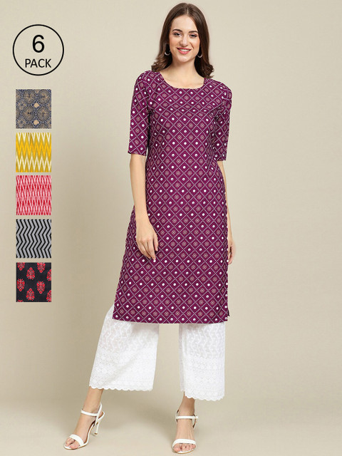 

KALINI Women Pack Of 6 Summer Sheers Crepe Kurta, Yellow