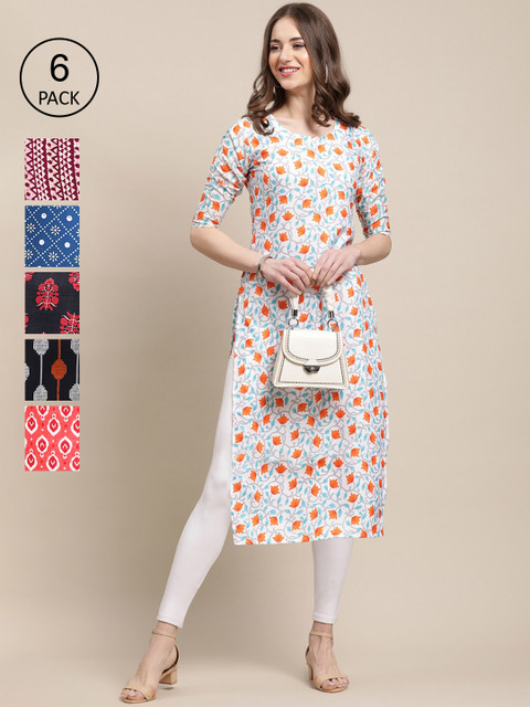 

KALINI Women Pack Of 6 Geometric Printed Crepe Kurta, Multi